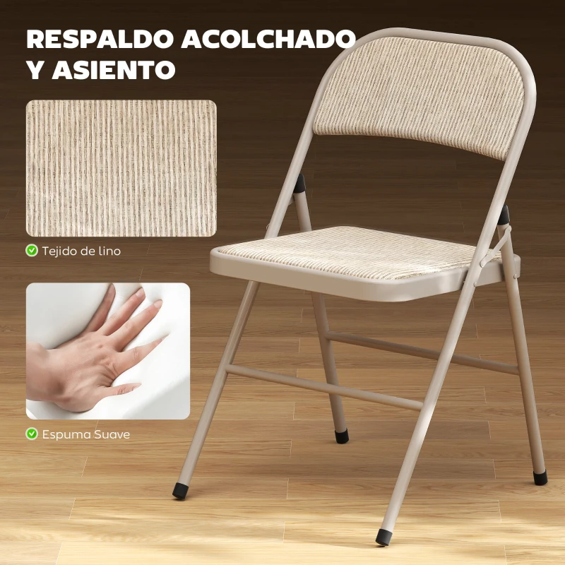 HOMCOM Juego de 2 Sillas Plegables Tapizadas en Lino Sintético con Respaldo y Estructura de Acero para Salón 45x46x78 cm Beige