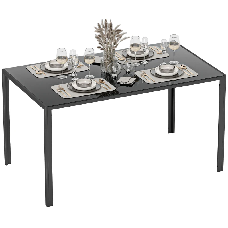 HOMCOM Mesa de Comedor de Cristal Rectangular para 6 Personas con Patas de Metal para Cocina Salón 140x80x75 cm Negro