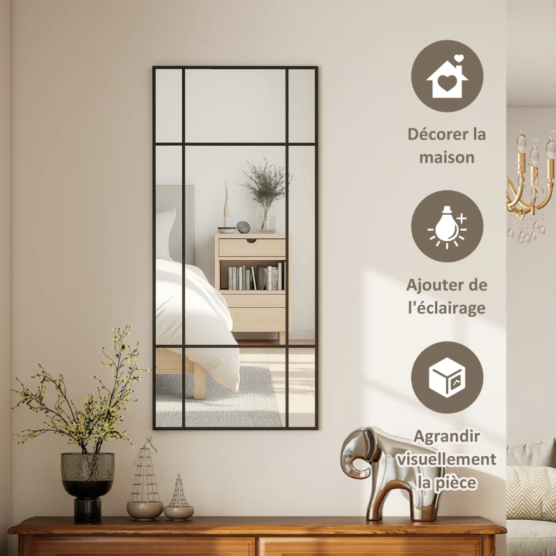 HOMCOM Miroir mural verrière rectangulaire style fenêtre, horizontal ou vertical avec 4 crochets, en métal noir - 110x50 cm