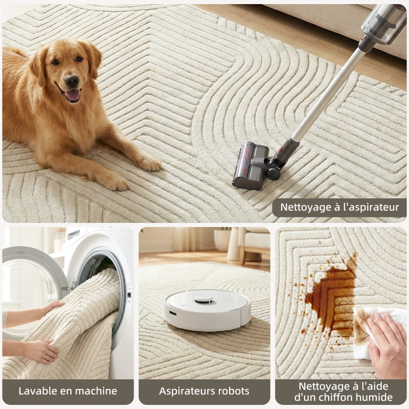 HOMCOM Tapis salon 200 x 140 cm, tapis à poils épais géométrique, moelleux et antidérapant, crème