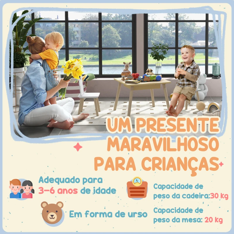 AIYAPLAY Conjunto de Mesa e 2 Cadeiras com Encosto em Forma de Ursinho e Compartimentos Ocultos Madeira e Branco