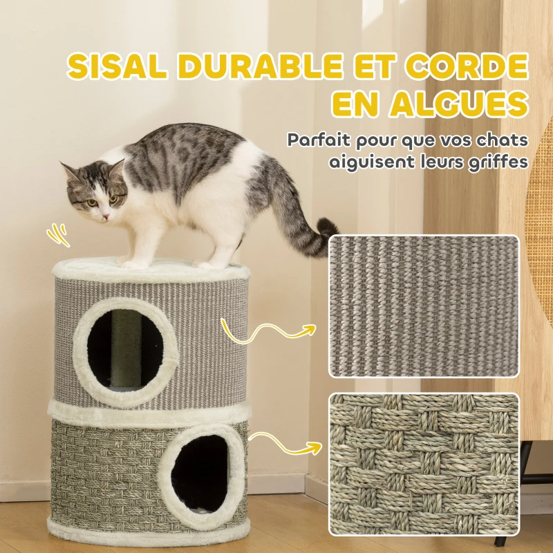 PawHut Tonneau à gratter pour chat arbre à chat sisal naturel et herbiers marins recouvert de peluche 35,5x35,5x49cm kaki café
