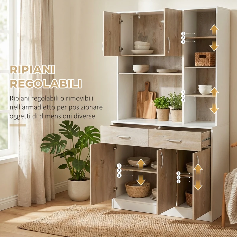 HOMCOM Credenza Cucina Multifunzione in Legno con Cassetti e Vani Aperti, 100x39x181,5 cm, Bianco