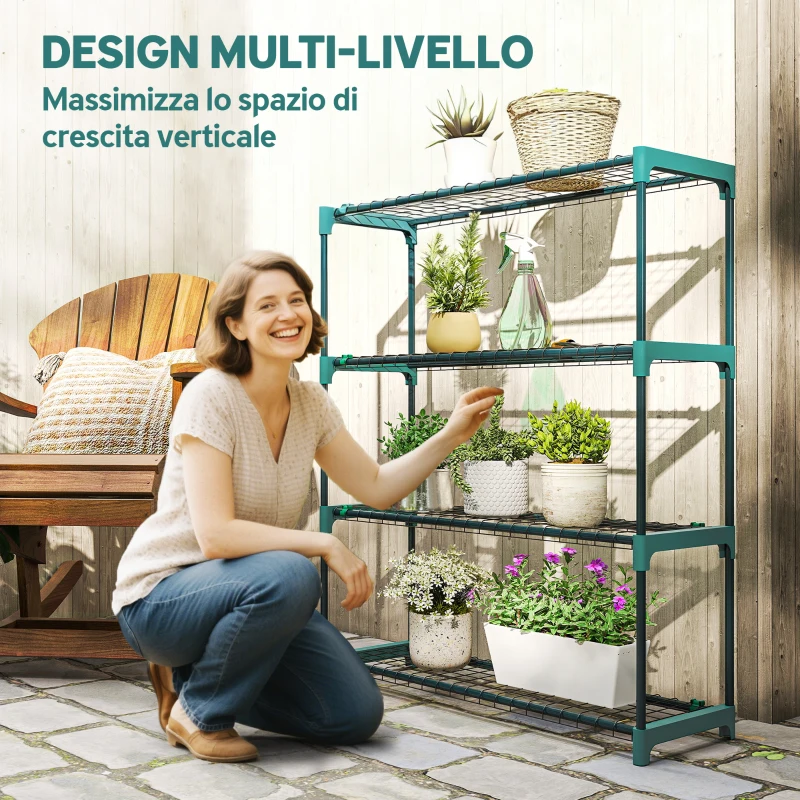 Outsunny Set di 2 Scaffali per Piante a 4 Livelli in Acciaio con Ganci, 90x28x104 cm, Verde