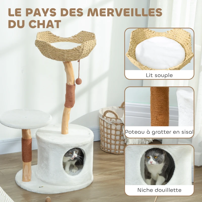 PawHut Arbre à chat tour de jeux pour chats griffoirs plate-forme lit niche coussin moelleux lavable, 55 x 45 x 102 cm blanc
