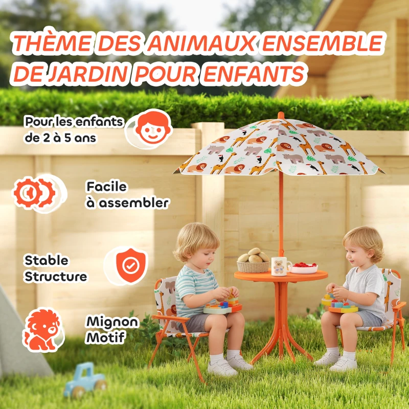 AIYAPLAY Salon de jardin enfant, table enfant avec 2 chaises pliantes et parasol Ø 100 cm, motif animal, orange