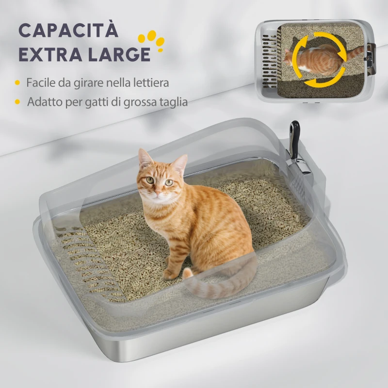 PawHut Lettiera in acciaio inox WC aperto con paletta bordo alto per gatti grandi fino a 7 kg, 60,2 x 40,2 x 29,7 cm, Grigio