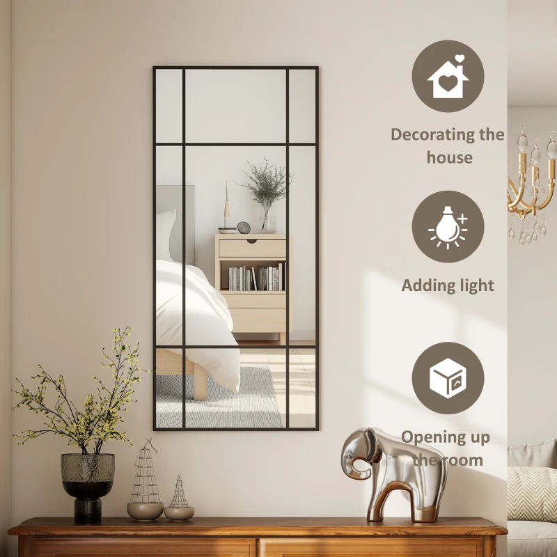 HOMCOM Oglindă de Perete Stil Fereastră cu Montaj Vertical și Orizontal, 110x50cm, Negru