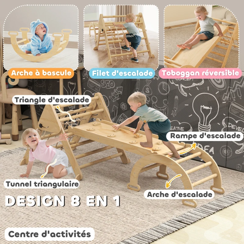 AIYAPLAY Triangle d'escalade enfants 8 en 1 avec rampe double face, arc d'escalade en bois avec toboggan & échelle, naturel