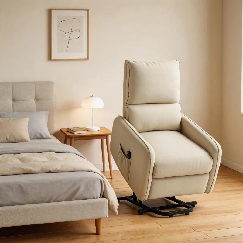 HOMCOM Poltrona Alzapersona Small Elettrica Reclinabile con Telecomando e Tasca Tessuto, 150kg, Beige