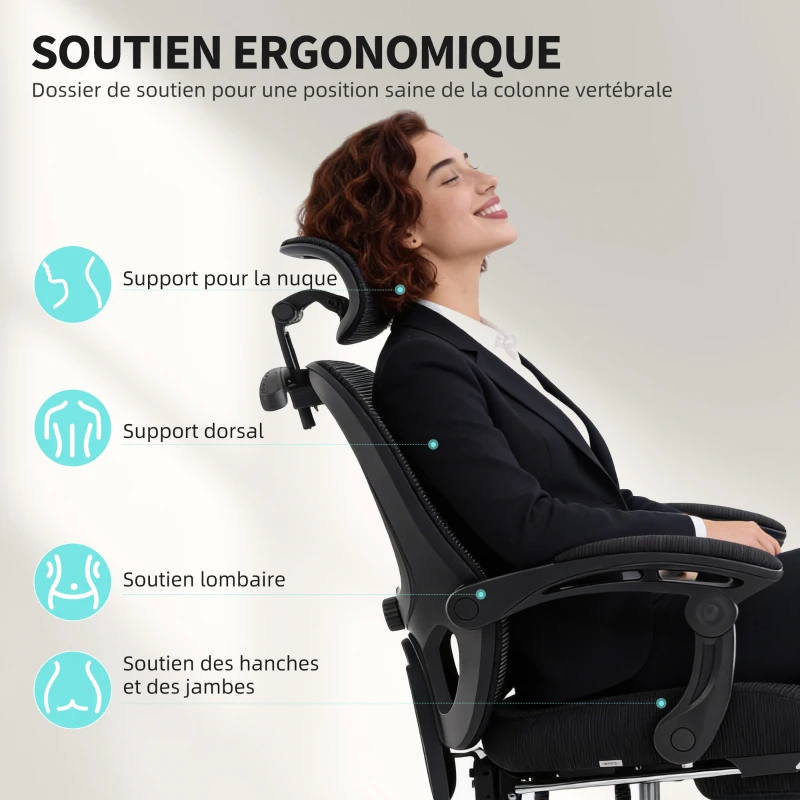 HOMCOM Chaise bureau ergonomique, fauteuil de bureau en maille avec appuie-tête réglable, support lombaire, 64x64x124cm, noir