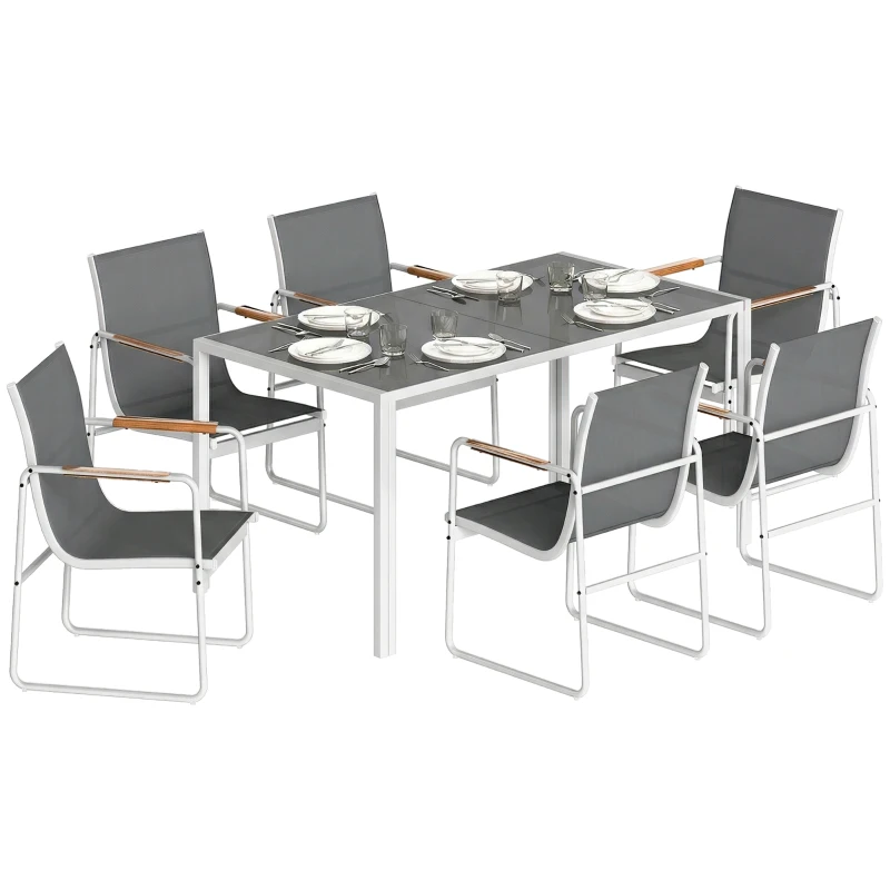 Outsunny Conjunto de Mesa e Cadeiras de Jardim de 7 Peças com Mesa de Vidro Temperado 6 Cadeiras e Estrutura em Aço Branco e Cinza