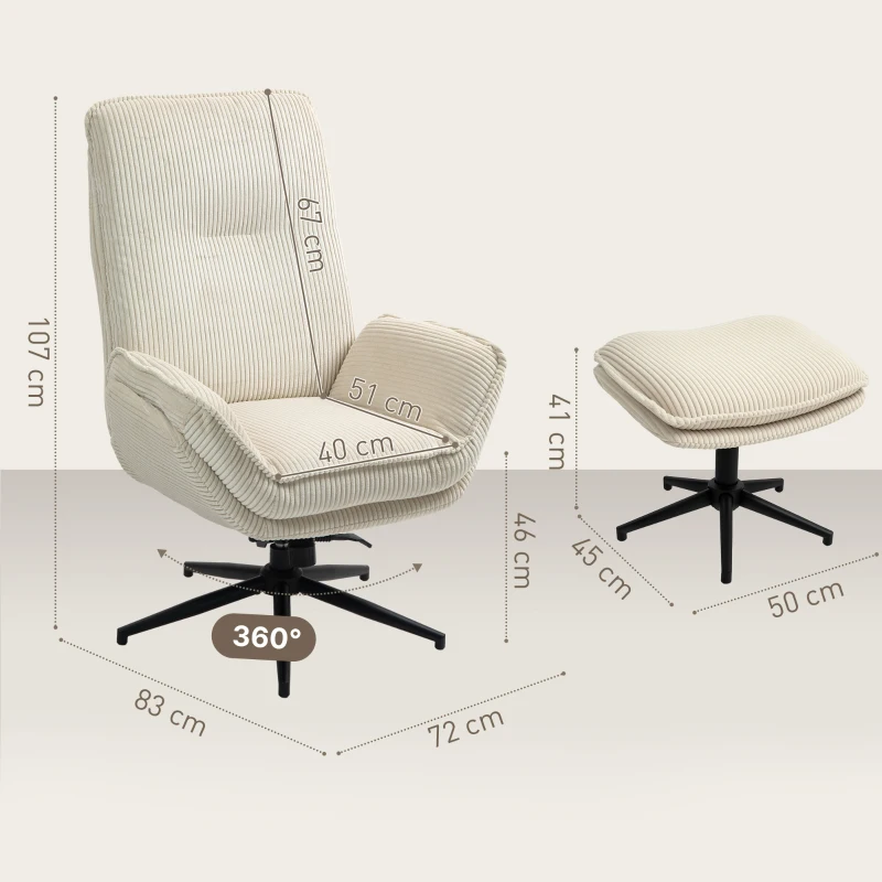 HOMCOM Fauteuil rembourré pivotant avec repose-pieds, Fauteuil inclinable moderne pour salon, chambre à coucher, bureau à domicile, Beige(m-3)
