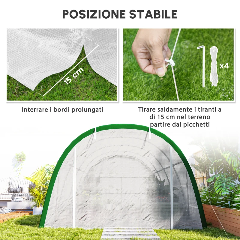 Outsunny Serra da Giardino a Tunnel 18 m² con 8 finestre, Porta con Zip Arrotolabile, Acciaio zincato, Telo PE, 6L x 3l x 2H m, Bianco