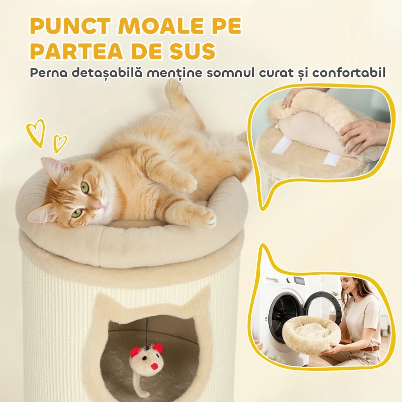 PawHut Turn pentru Pisici, Înălțime 96 cm, cu 3 Căsuțe și Pat Superior Detasabil și Lavabil, Crem