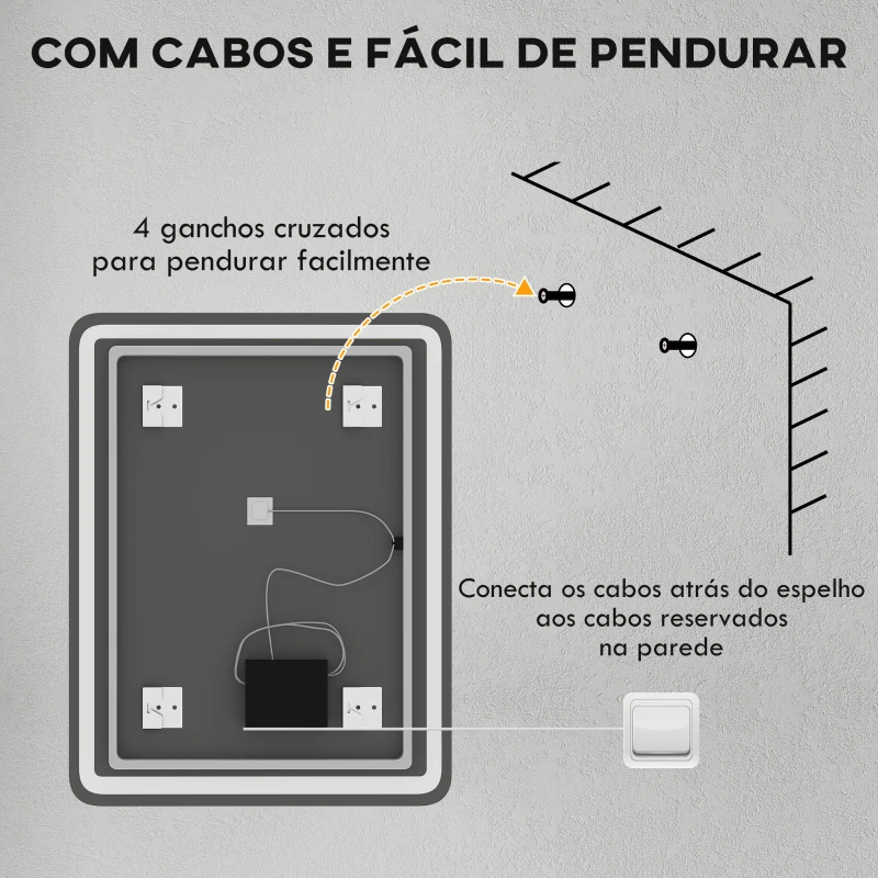 HOMCOM Espelho Casa de Banho com Luzes LED 70x90 cm Função Antiembaciamento 3 Temperaturas de Cor Ajustável e Função de Memória Prata