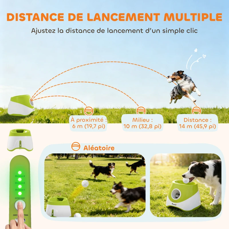 PawHut Lanceur de Balles Automatique avec 3 Balles en ETPU, 3 Réglages de Distance 6m/10m/14m, Intérieur et Extérieur, Vert