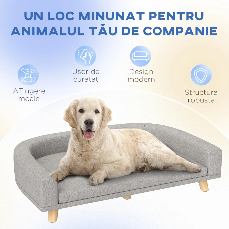 PawHut Canapea pentru câini de talie mare cu pernă detașabilă, din poliester și lemn, 98x67x25 cm, gri