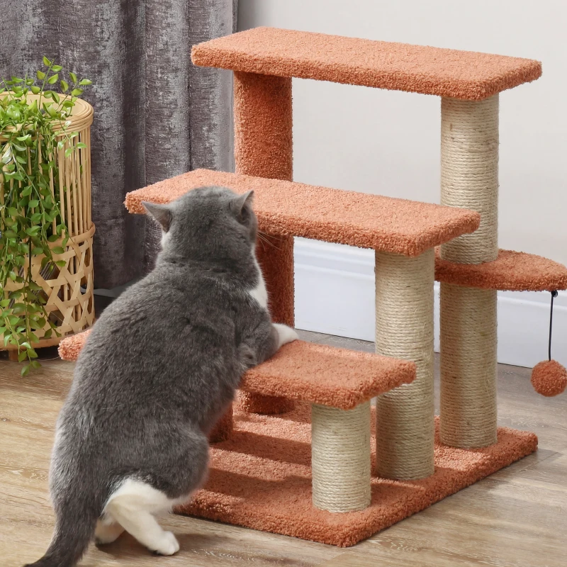 PawHut Kratzbaum, Haustiertreppe, 3 Stufen, Spielball, bis 5 kg, 45x40x48cm, Braun