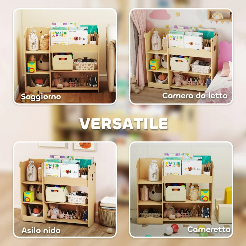 AIYAPLAY Scaffale Portagiochi per Bambini 3-8 Anni con Ripiani Aperti e Scomparti, in Legno, 92x29x79 cm, color Legno