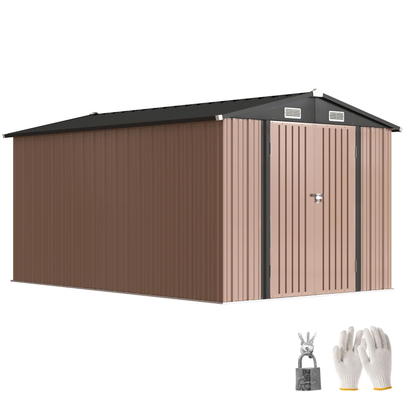 Outsunny Abri de Jardin en Métal 364 x 238 cm avec 4 Prises d'Air et Portes Doubles avec Serrure, Marron