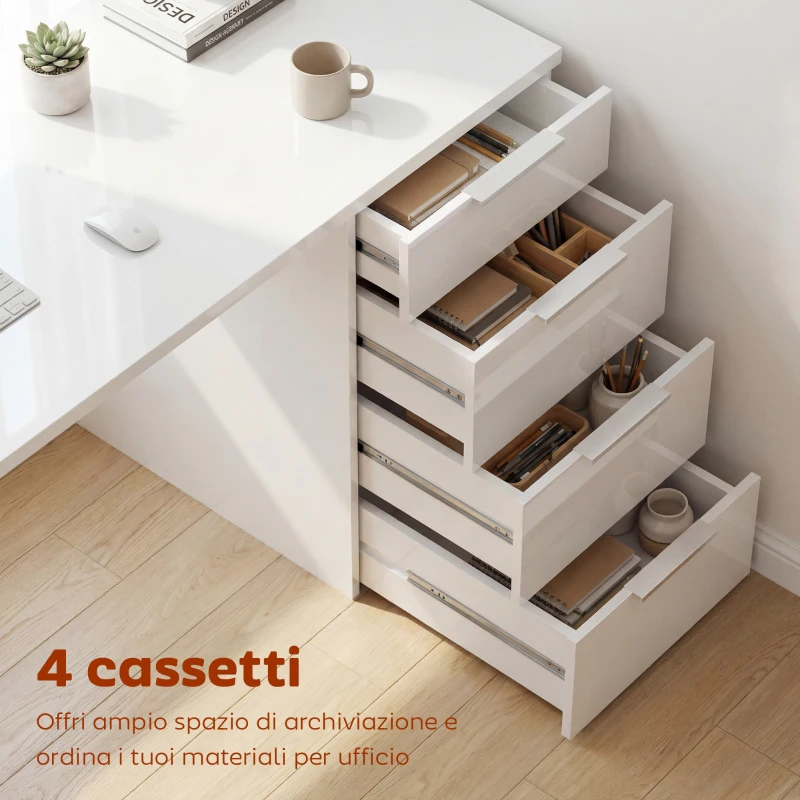 HOMCOM Scrivania Salvaspazio Tavolo Computer 4 Cassetti 110x61.5x75 cm Bianco