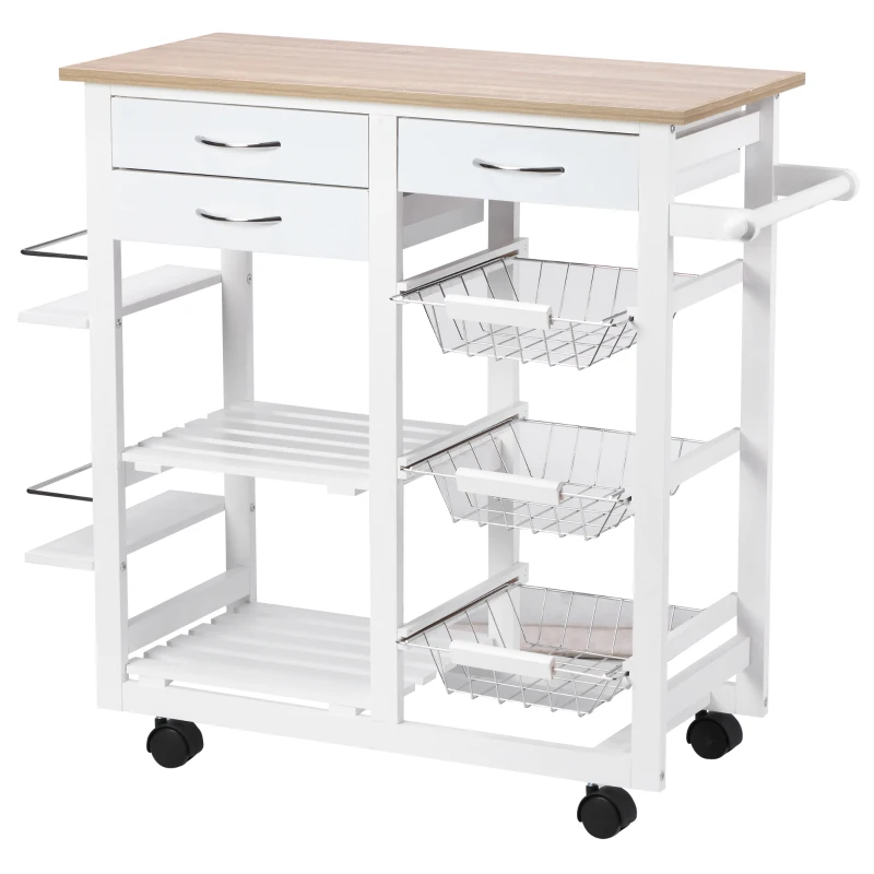HOMCOM Carrito de Cocina Carro de Servicio Multifuncional con Cajones Cestas Estantes para Especias Toallero Ruedas 92x37x82 cm Blanco