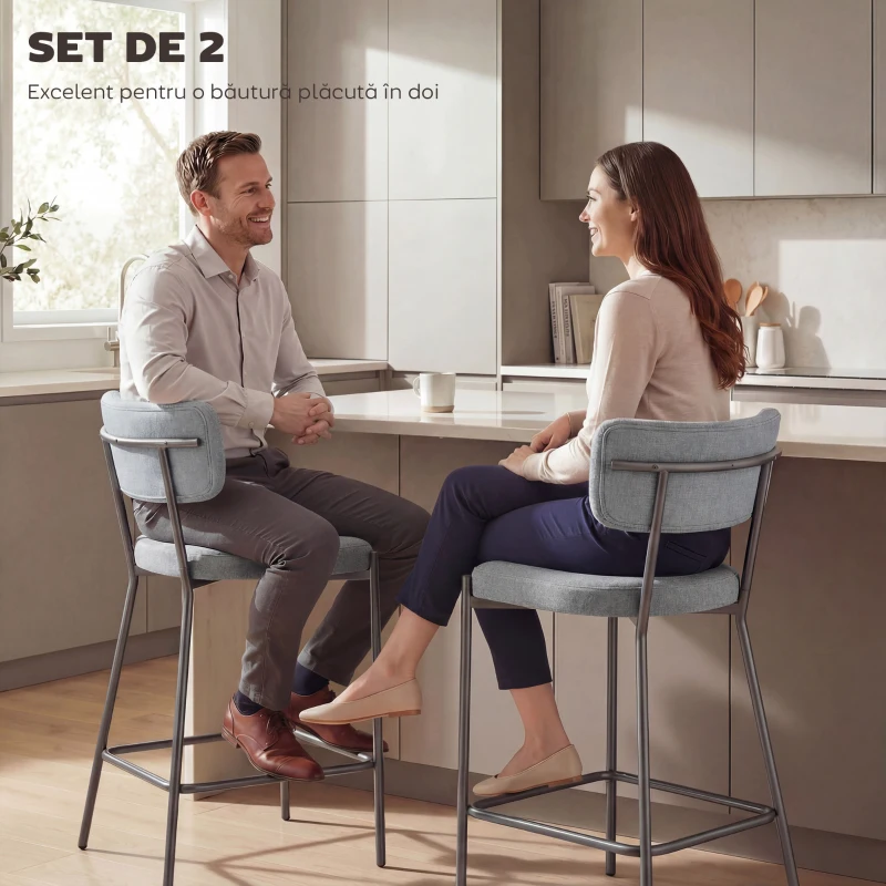 HOMCOM Set de 2 Scaune de Bar cu Spătar și Tapițate, Scaune înalte din material textil cu suport pentru picioare integrat și structură din metal ușor de montat, Scaune pentru bucătărie și living, Gri deschis