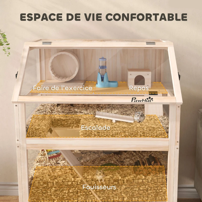 PawHut Cage pour hamster habitat pour rongeur 3 étages avec panneau acrylique et roue 80x53x117cm effet bois naturel