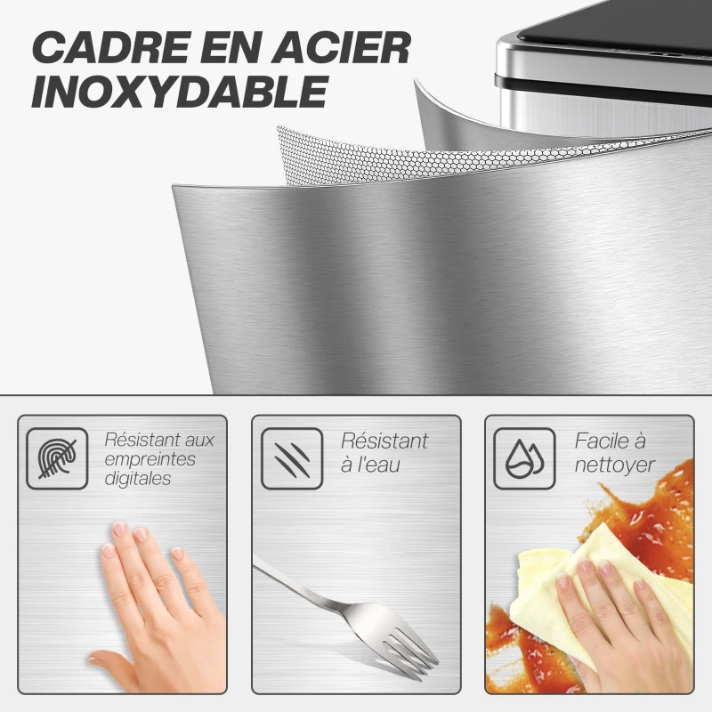 HOMCOM Poubelle à Capteur de 50L, Couvercle à Fermeture en Douceur, Poubelle de Cuisine Automatique Acier Inoxydable, Argenté