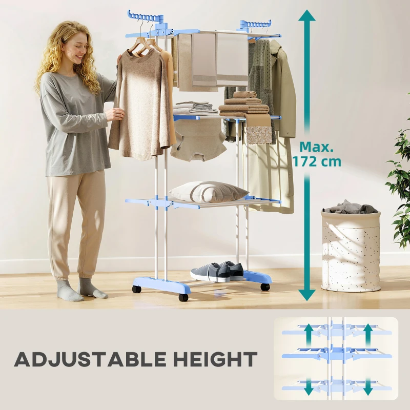 HOMCOM Foldable Clothes Drying Rack, 4-Tier Steel Garment Laundry Rack with Castors for Indoor and Outdoor Use, Blue