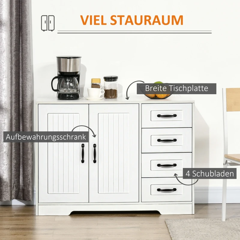 HOMCOM Sideboard Kommode Anrichte, Modernstil, 4 Schubladen, 1 Schrank, 105 cm x 40 cm x 76 cm, Weiß(m-4)