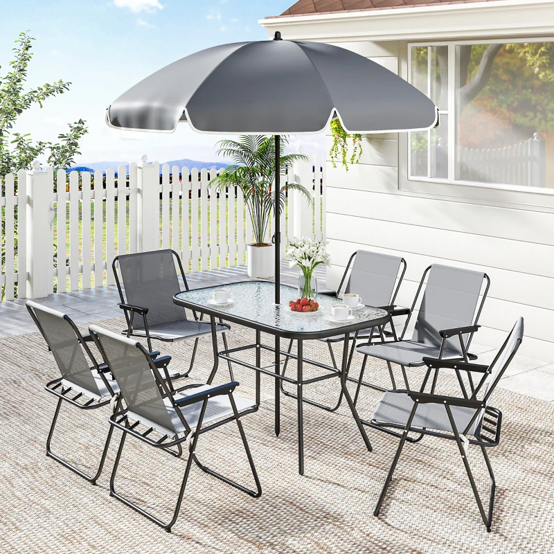 Outsunny Salon de jardin extérieur 8 pièces, table de jardin extérieure 6 chaises Pliantes parasol plateau en Verre Trempé, Gris