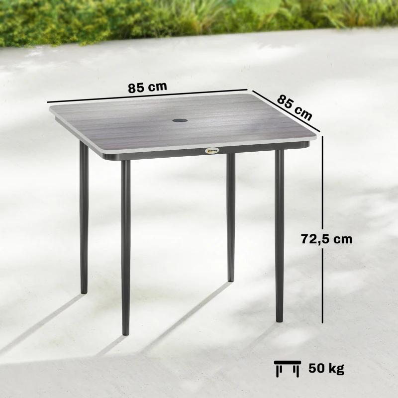 Outsunny Mesa de jardín rectangular para 4 personas, mesa de comedor exterior con orificio para parasol, 85 x 85 x 72,5 cm, gris