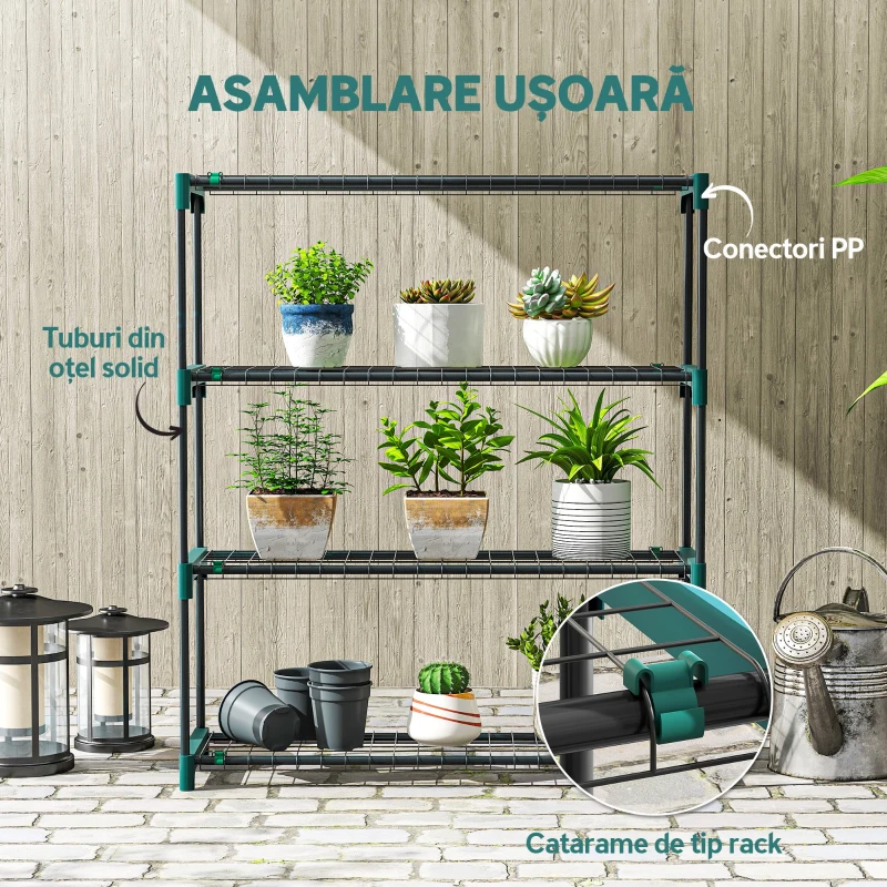 Outsunny Set de 2 rafturi pentru plante cu 4 niveluri din oțel cu cârlige, 90x28x104 cm, verde