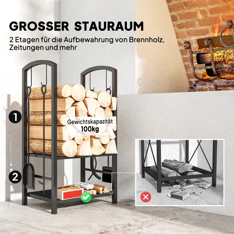 Outsunny Kaminholzständer, Brennholzregal, 2 Etagen, Kaminbesteck, bis 100 kg, Stahl, Schwarz, 40 x 30 x 74,5 cm