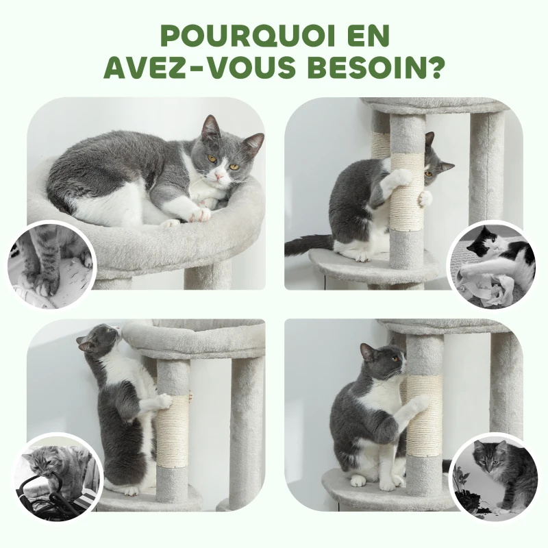 PawHut Arbre à chat tour de jeux pour chats griffoirs, plate-forme, niche, balle, tissu peluche, 60 x 45 x 90 cm, gris clair