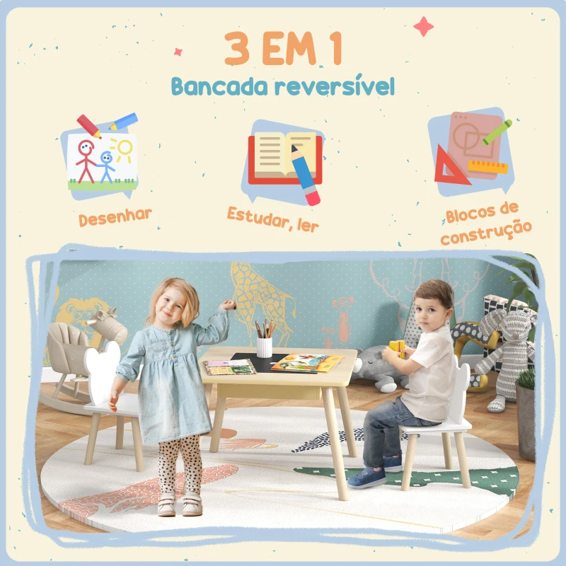 AIYAPLAY Conjunto de Mesa e 2 Cadeiras com Encosto em Forma de Ursinho e Compartimentos Ocultos Madeira e Branco