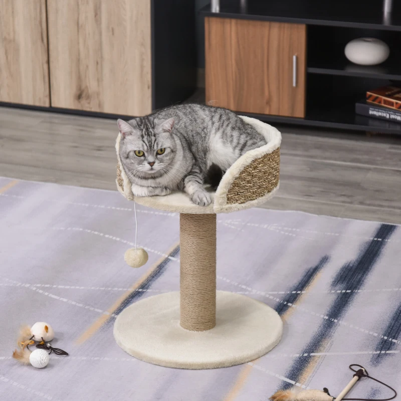 PawHut Arbre à chat arbre à grimper grattoir design jeu pompon suspendu + plateforme peluche 40 x 40 x 49 cm sisal beige
