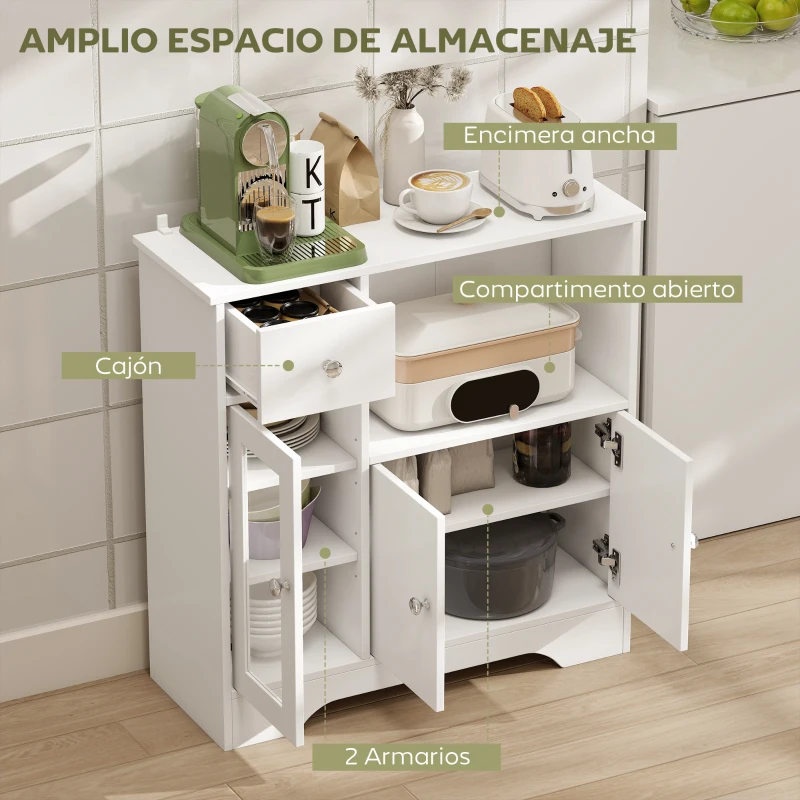 HOMCOM Aparador de Cocina Moderno con Puerta de Vidrio Mueble Auxiliar de Almacenaje para Comedor 80x30x82 cm Blanco