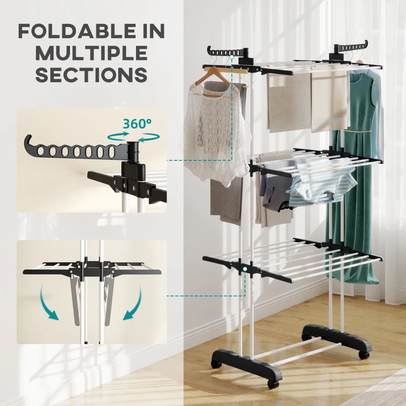 HOMCOM Foldable Clothes Drying Rack, 4-Tier Steel Garment Laundry Rack with Castors for Indoor and Outdoor Use, Black