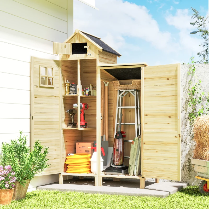 Outsunny Armoire de Jardin en Bois Abri de Jardin Toit en Asphalte Double Zone et Étagères Réglables 106x57x167cm Naturel