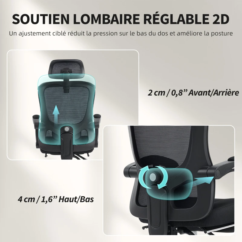 HOMCOM Chaise bureau ergonomique, fauteuil de bureau en maille avec appuie-tête réglable, support lombaire, 64x64x124cm, noir
