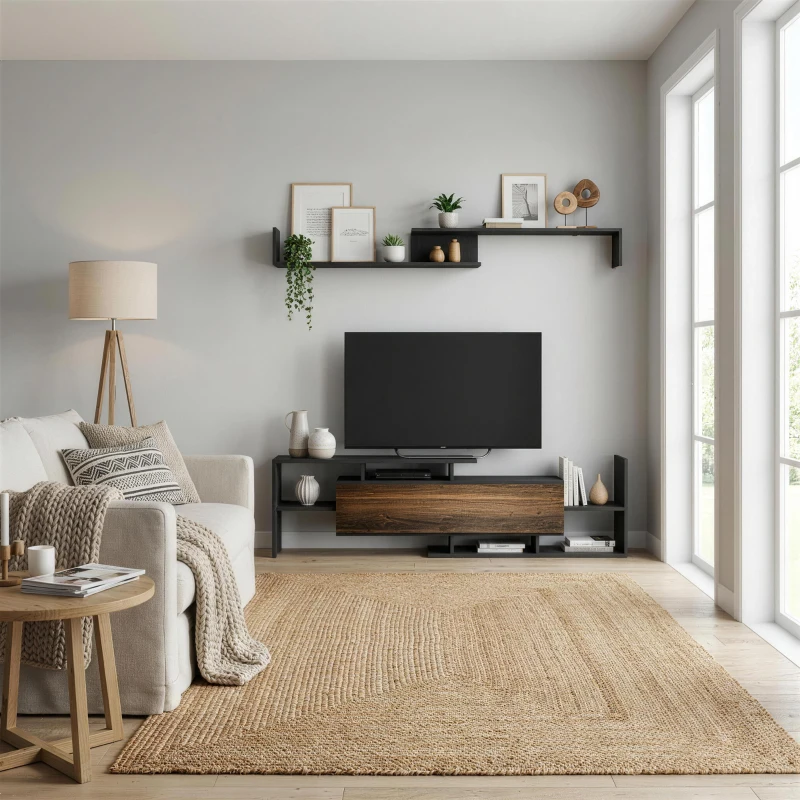 HOMCOM Mobile TV con Mensola a Muro, Ripiani Aperti e Armadietto in Legno, Nero e Marrone