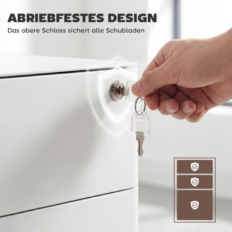 Vinsetto Rollcontainer mit 3 Schubladen mobiler Aktenschrank mit Rollen abschließbar Büroschrank mit Hängeregistratur Stiftfach, Bürocontainer für Büro, Homeoffice, 39 x 48 x 59 cm Weiß