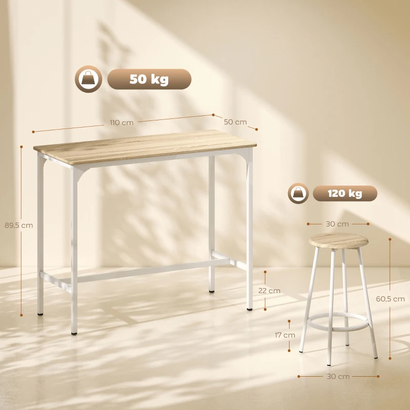 HOMCOM Set de Mesa de Bar y 4 Taburetes Estilo Industrial Marco de Metal para Cocina Salón Natural y Blanco