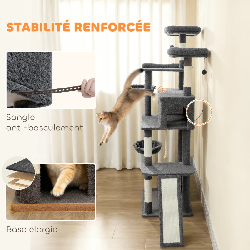 PawHut Arbre à chat tour de jeux pour chat avec griffoir 3 lits 2 niches plateformes et 3 jouets suspendus hauteur 174 cm gris
