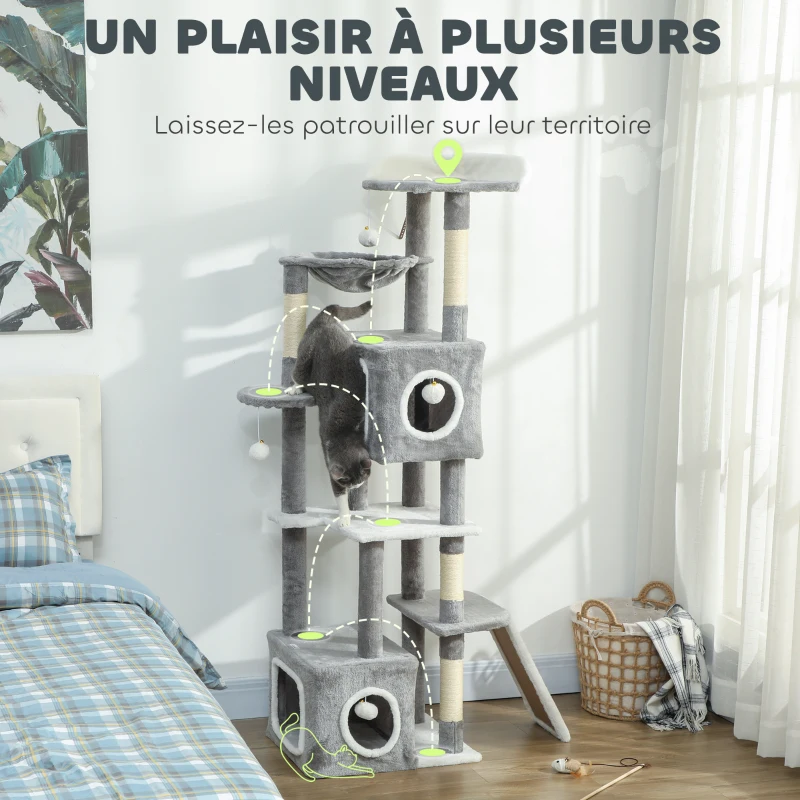 PawHut Arbre à chat tour de jeux pour chats centre d'activités 2 niches plateformes hamac échelle et 4 pompons 165 cm gris