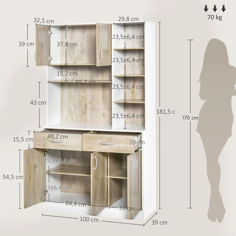HOMCOM Credenza Cucina Multifunzione in Legno con Cassetti e Vani Aperti, 100x39x181,5 cm, Bianco