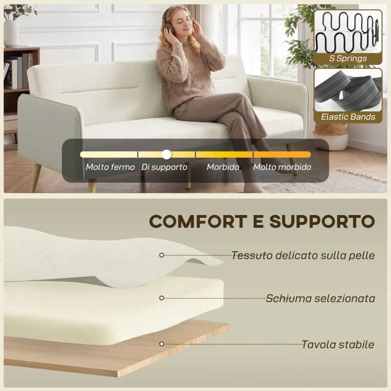 HOMCOM Divano Letto 3 Posti con Schienale Reclinabile e Rivestimento Effetto Velluto, 185x84x83 cm, Beige
